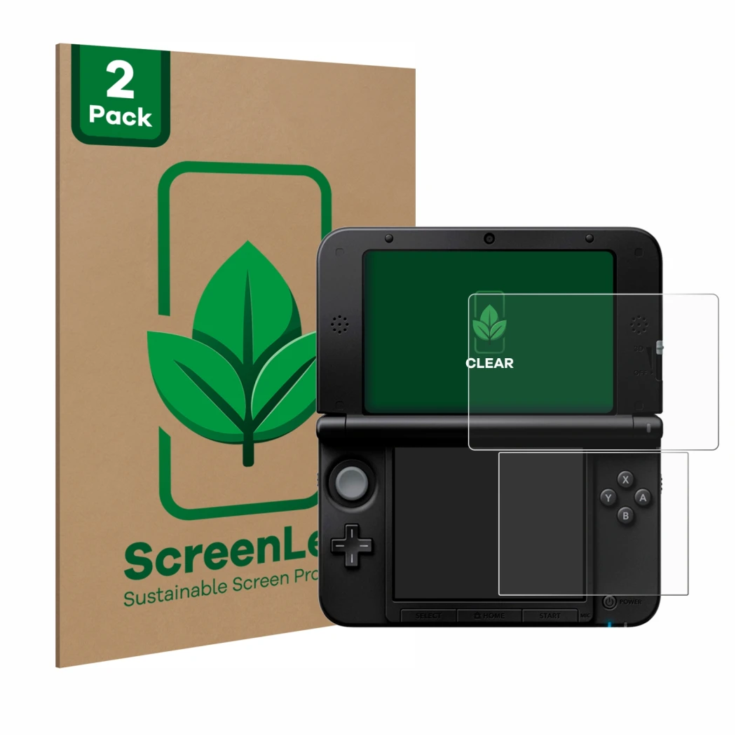 Face avant d’un emballage produit avec le logo de la marque ScreenLeaf. À côté, l’appareil Nintendo 3DS XL SPM7800 est représe