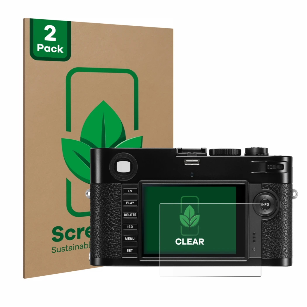 Face avant d’un emballage produit avec le logo de la marque ScreenLeaf. À côté, l’appareil Leica M (Typ 240) est représenté av