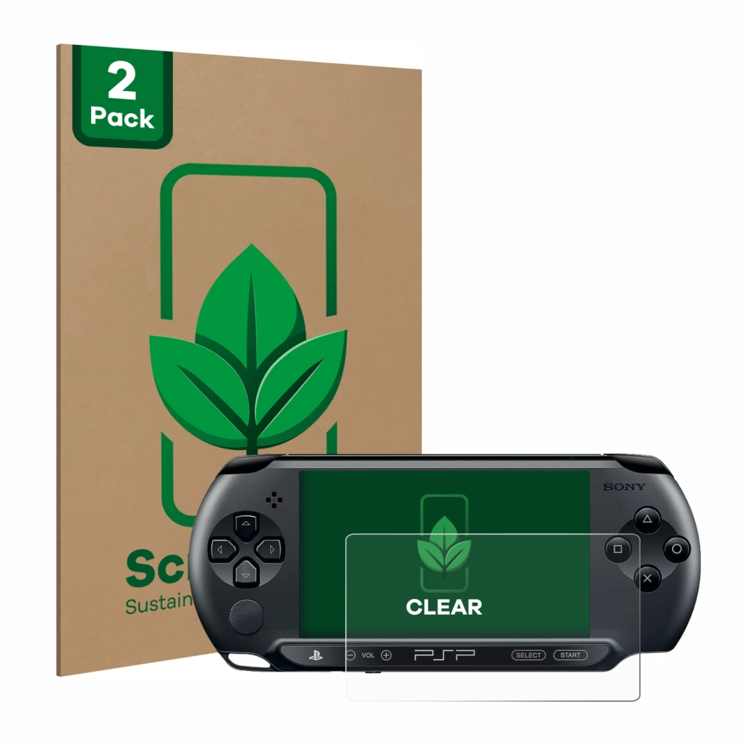 Face avant d’un emballage produit avec le logo de la marque ScreenLeaf. À côté, l’appareil Sony PSP 1004 est représenté avec l