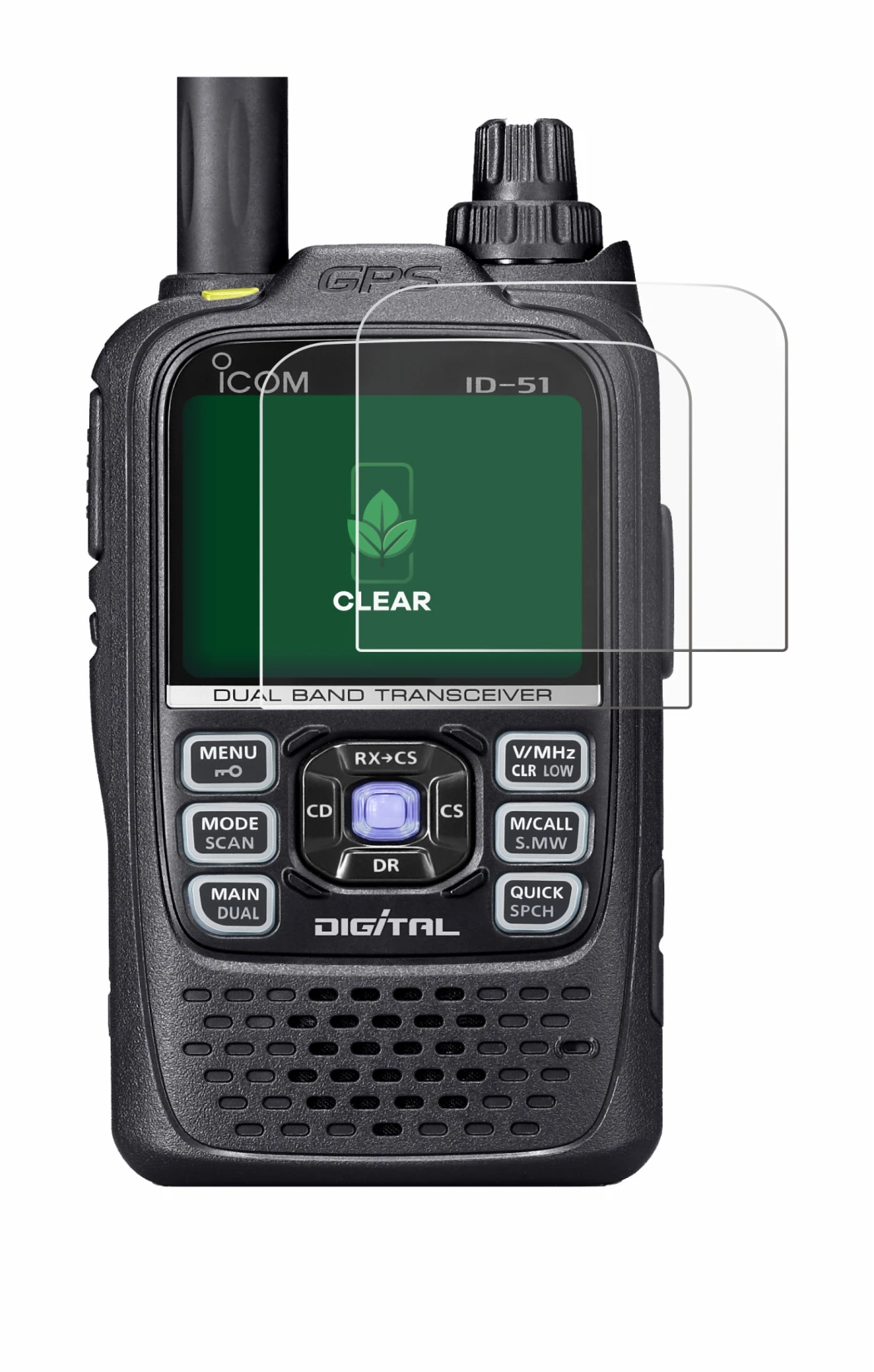 Image de l'appareil Icom ID-51 avec une grande variété de protections d'écran.