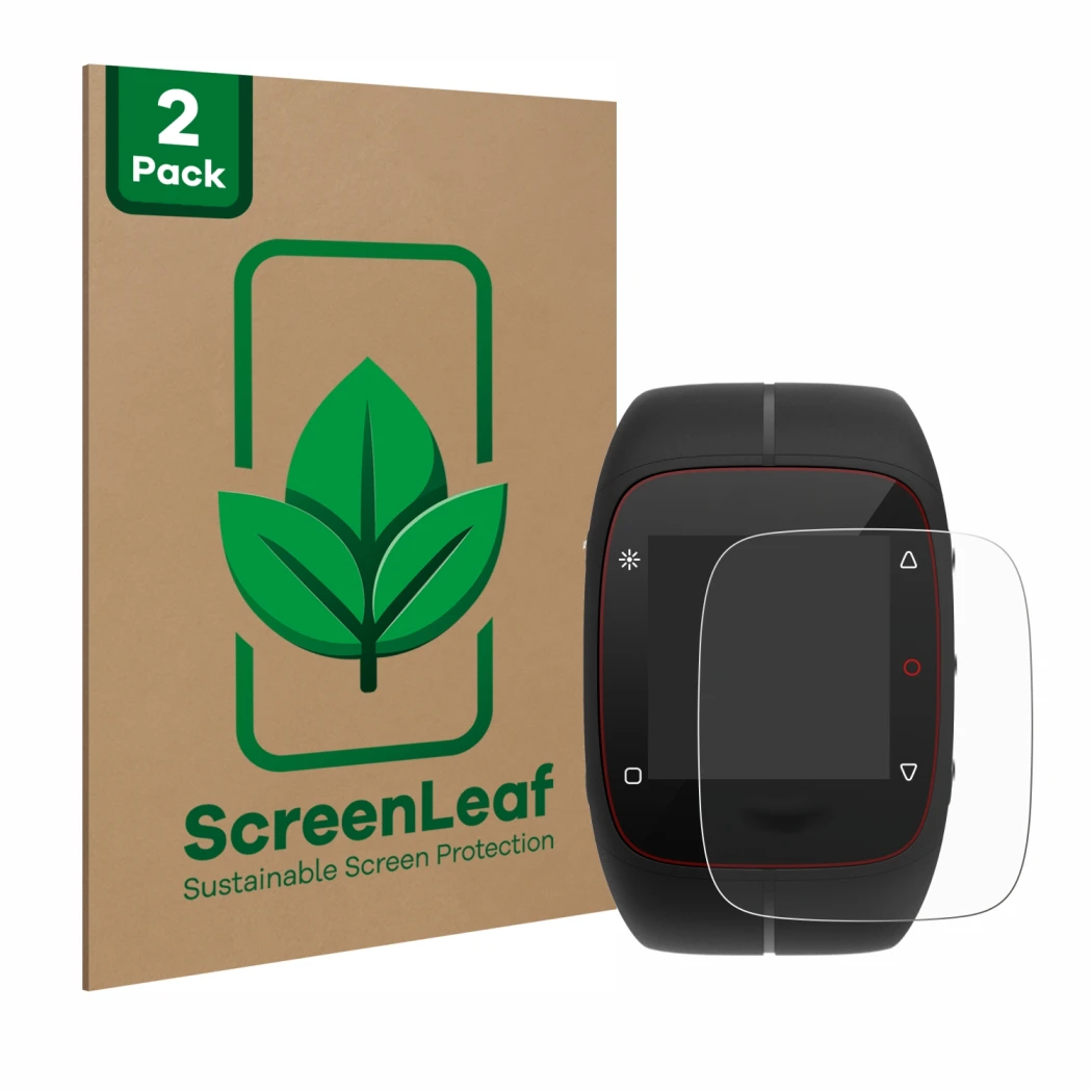 Face avant d’un emballage produit avec le logo de la marque ScreenLeaf. À côté, l’appareil Polar M400 est représenté avec la p