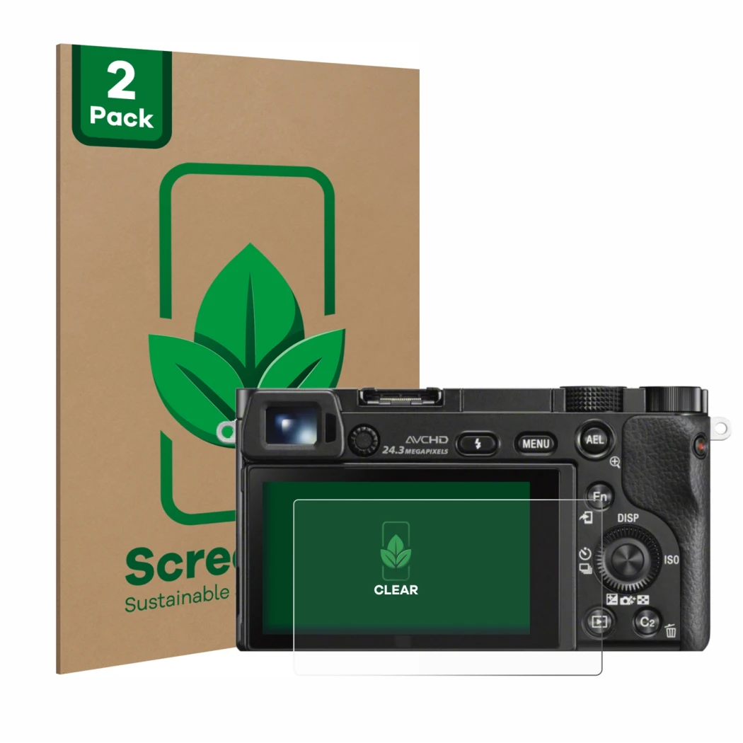 Face avant d’un emballage produit avec le logo de la marque ScreenLeaf. À côté, l’appareil Sony Alpha 6000 est représenté avec