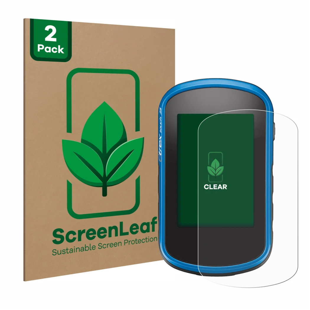 Face avant d’un emballage produit avec le logo de la marque ScreenLeaf. À côté, l’appareil Garmin eTrex Touch 35 est représent
