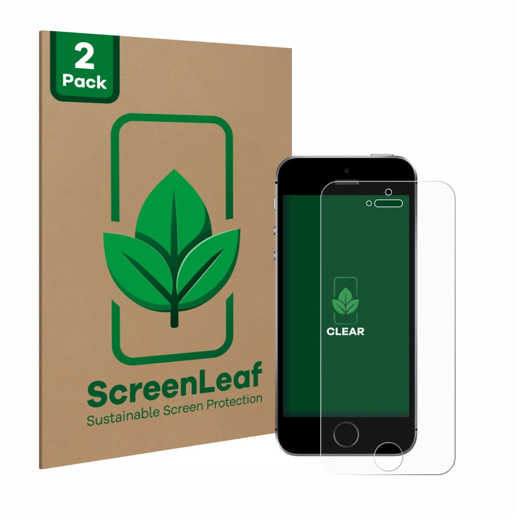 Face avant d’un emballage produit avec le logo de la marque ScreenLeaf. À côté, l’appareil Apple iPhone SE 2016 est représenté