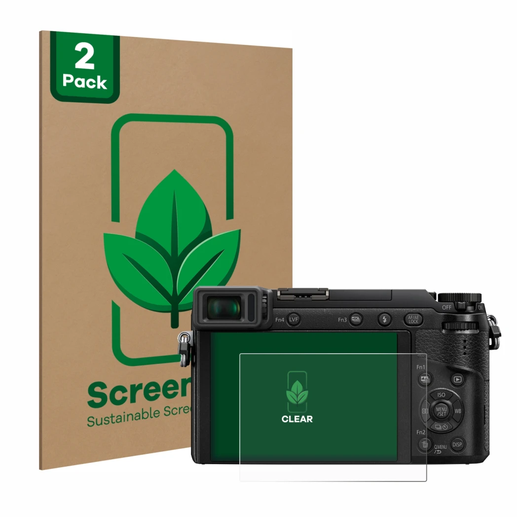 Face avant d’un emballage produit avec le logo de la marque ScreenLeaf. À côté, l’appareil Panasonic Lumix DMC-GX80 est représ