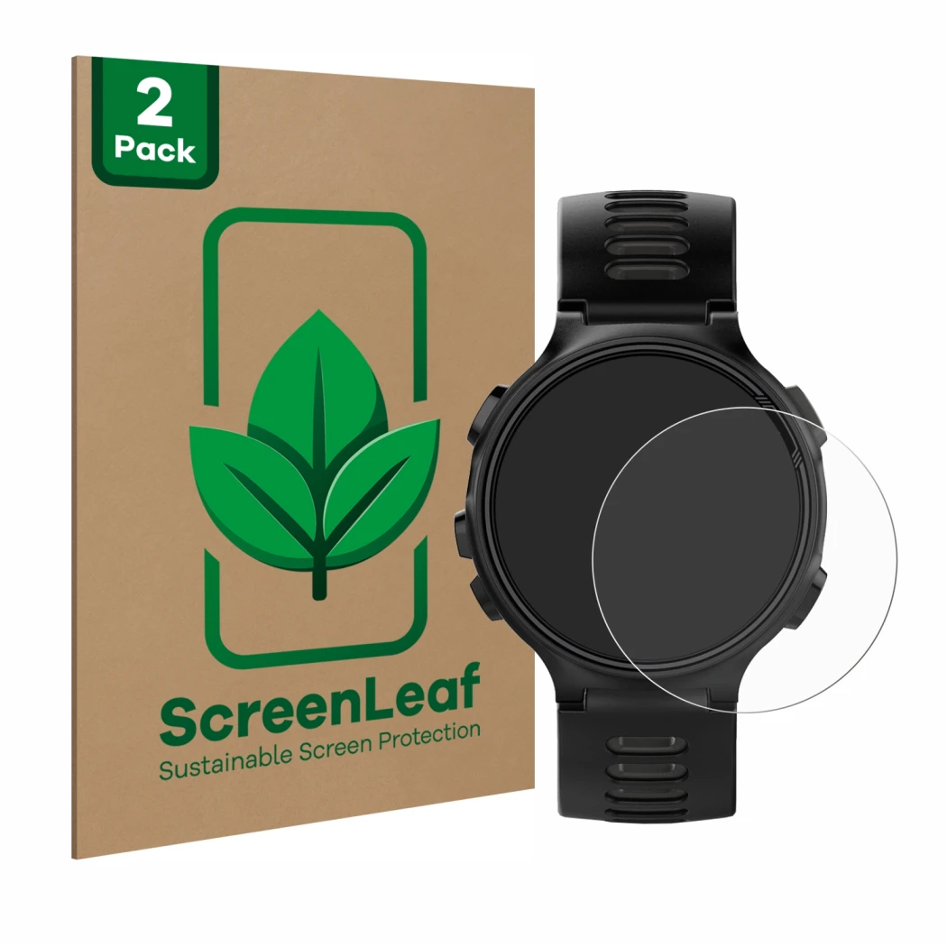 Face avant d’un emballage produit avec le logo de la marque ScreenLeaf. À côté, l’appareil Garmin Forerunner 735XT est représe