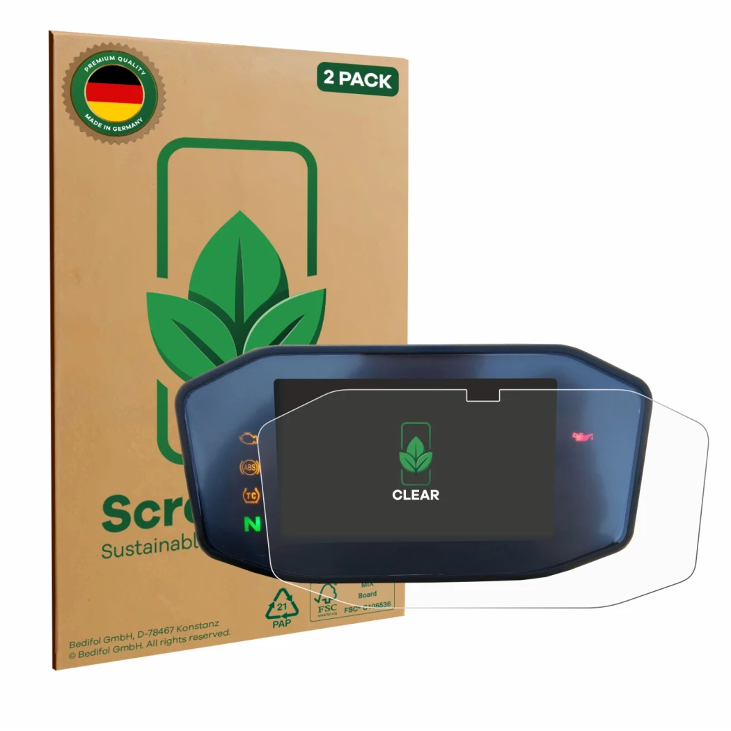 Face avant d’un emballage produit avec le logo de la marque ScreenLeaf. À côté, l’appareil KTM 690 Duke 2016 est représenté av