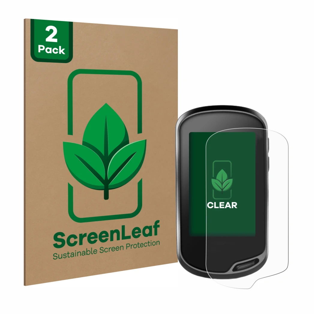 Face avant d’un emballage produit avec le logo de la marque ScreenLeaf. À côté, l’appareil Garmin Oregon 700 est représenté av