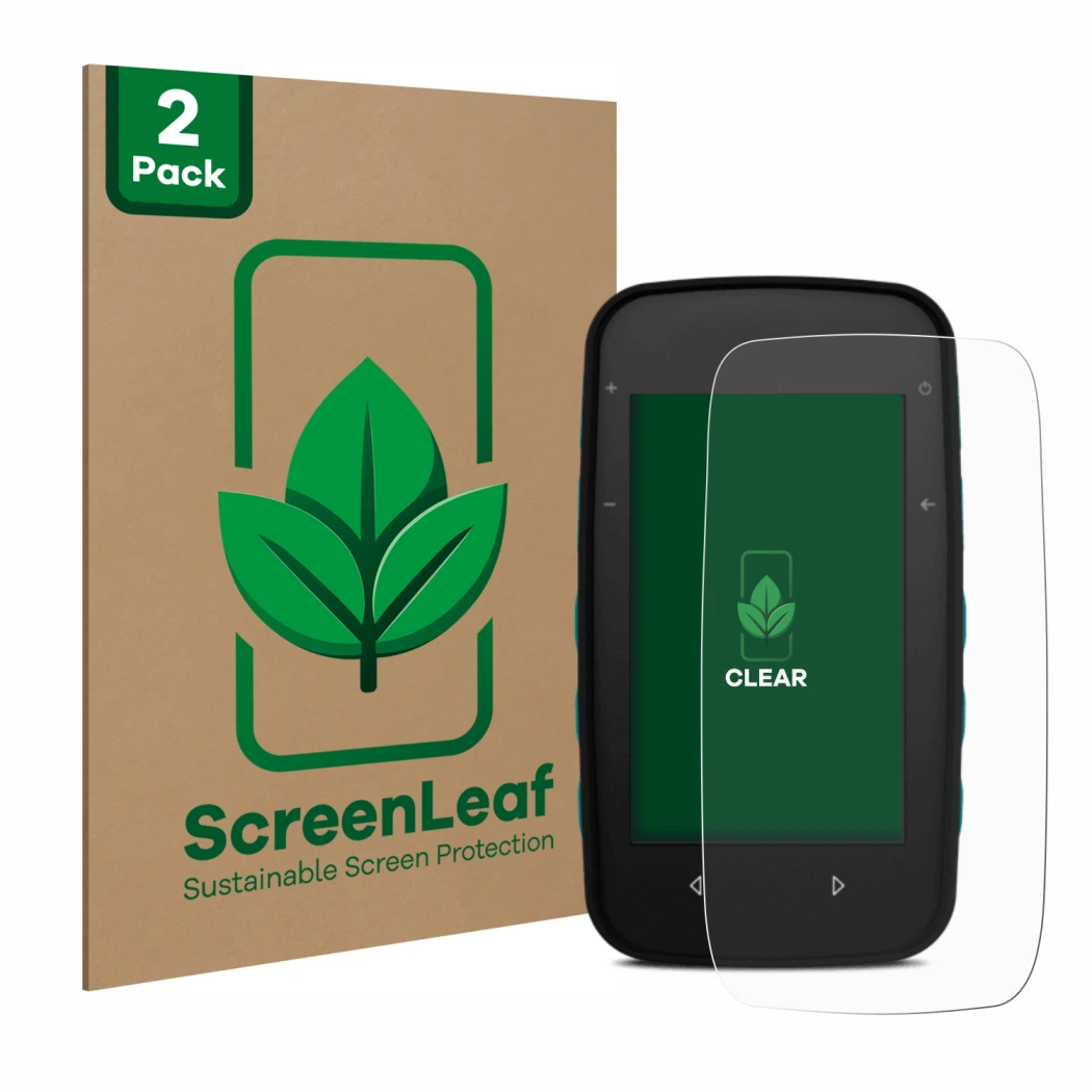 Face avant d’un emballage produit avec le logo de la marque ScreenLeaf. À côté, l’appareil CompeGPS TwoNav Cross est représent