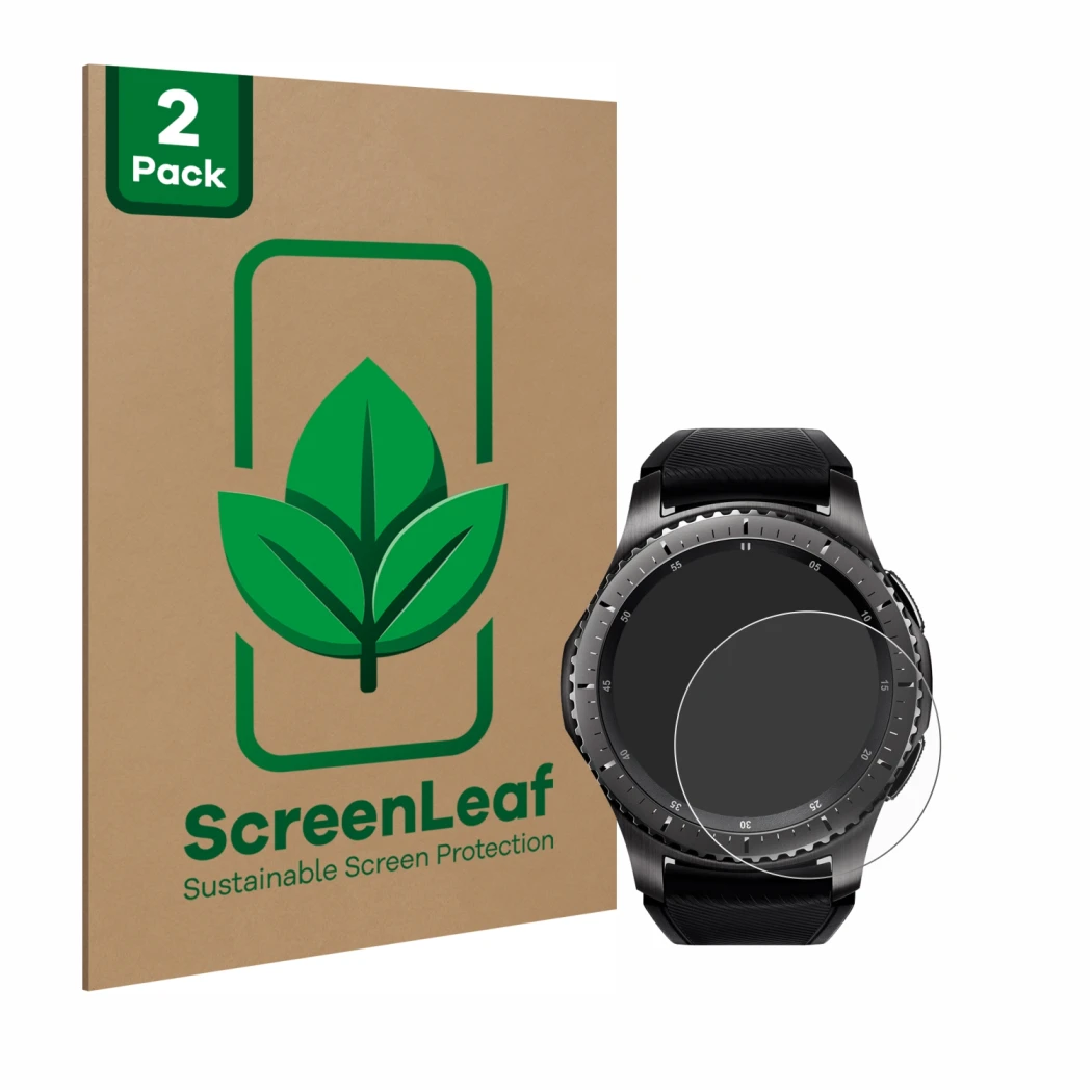 Face avant d’un emballage produit avec le logo de la marque ScreenLeaf. À côté, l’appareil Samsung Gear S3 Frontier est représ