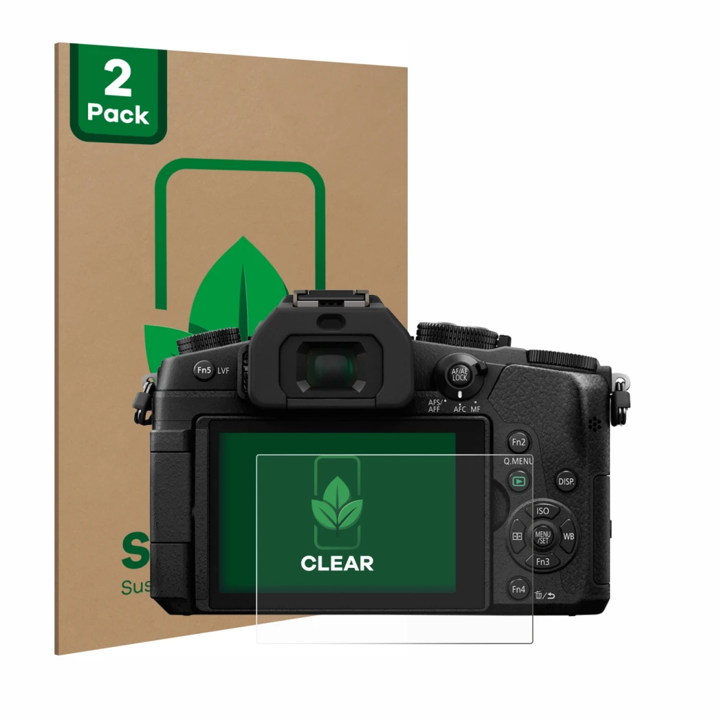 Face avant d’un emballage produit avec le logo de la marque ScreenLeaf. À côté, l’appareil Panasonic Lumix DMC-G81 est représe