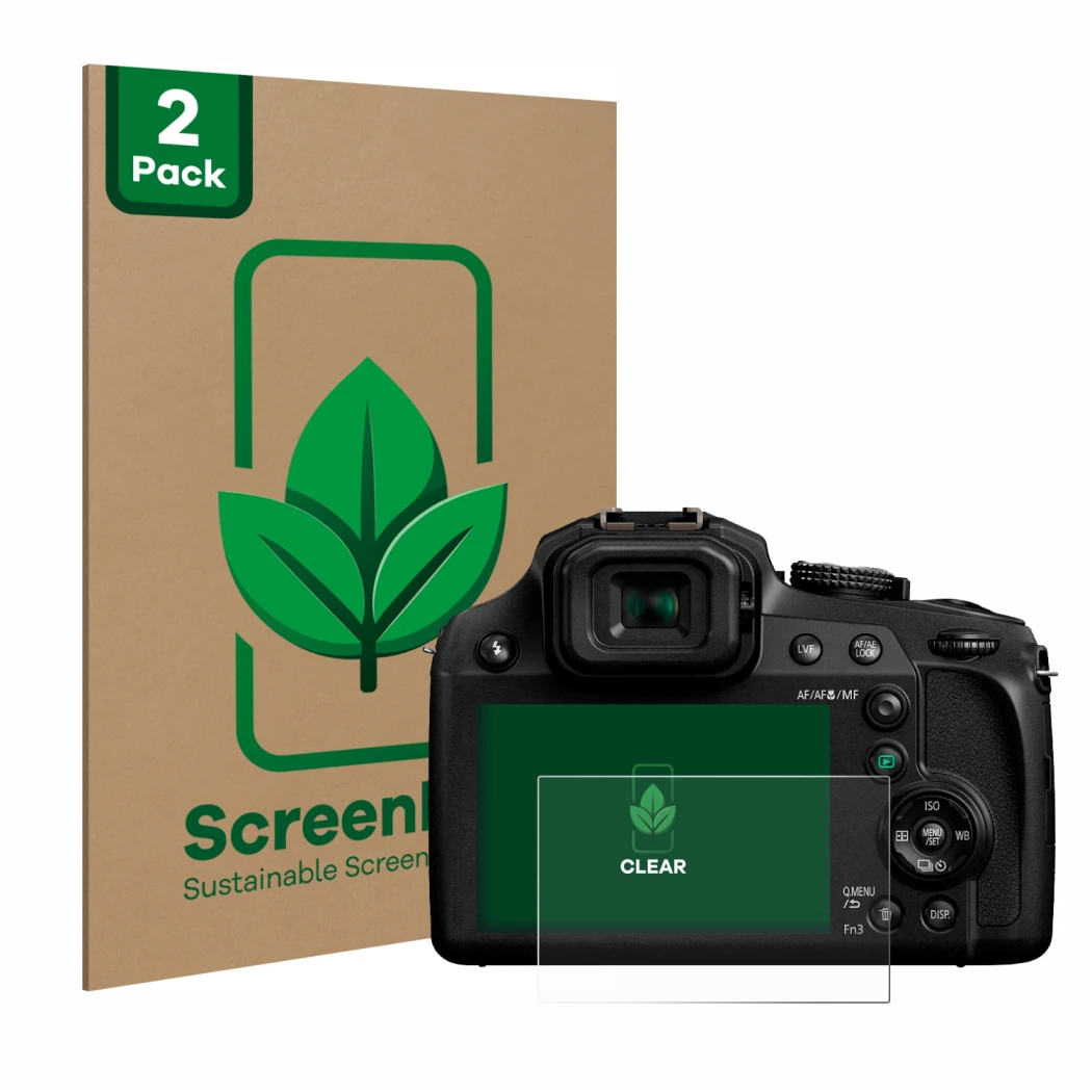 Face avant d’un emballage produit avec le logo de la marque ScreenLeaf. À côté, l’appareil Panasonic Lumix DC-FZ82 est représe