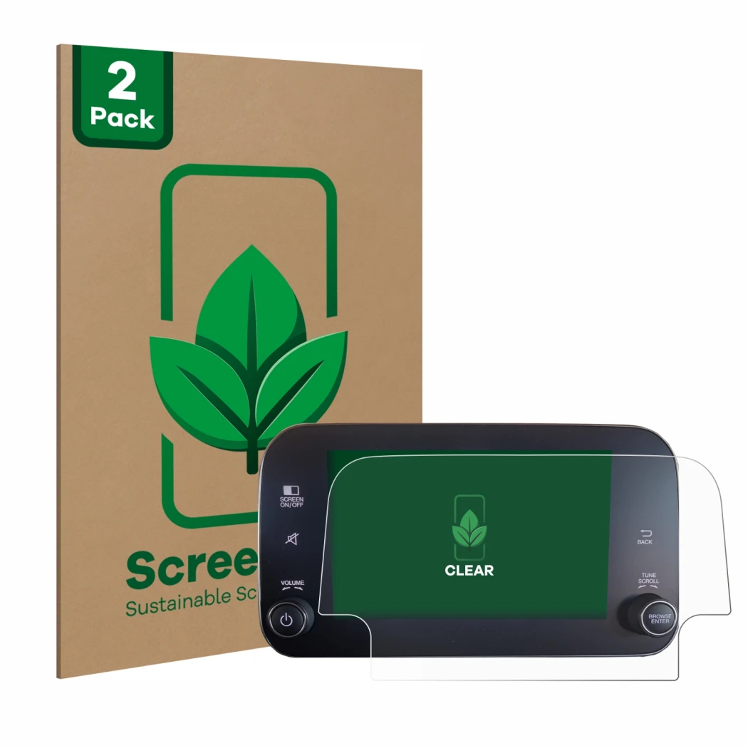 Face avant d’un emballage produit avec le logo de la marque ScreenLeaf. À côté, l’appareil Fiat Tipo 2016-2019 Uconnet 7