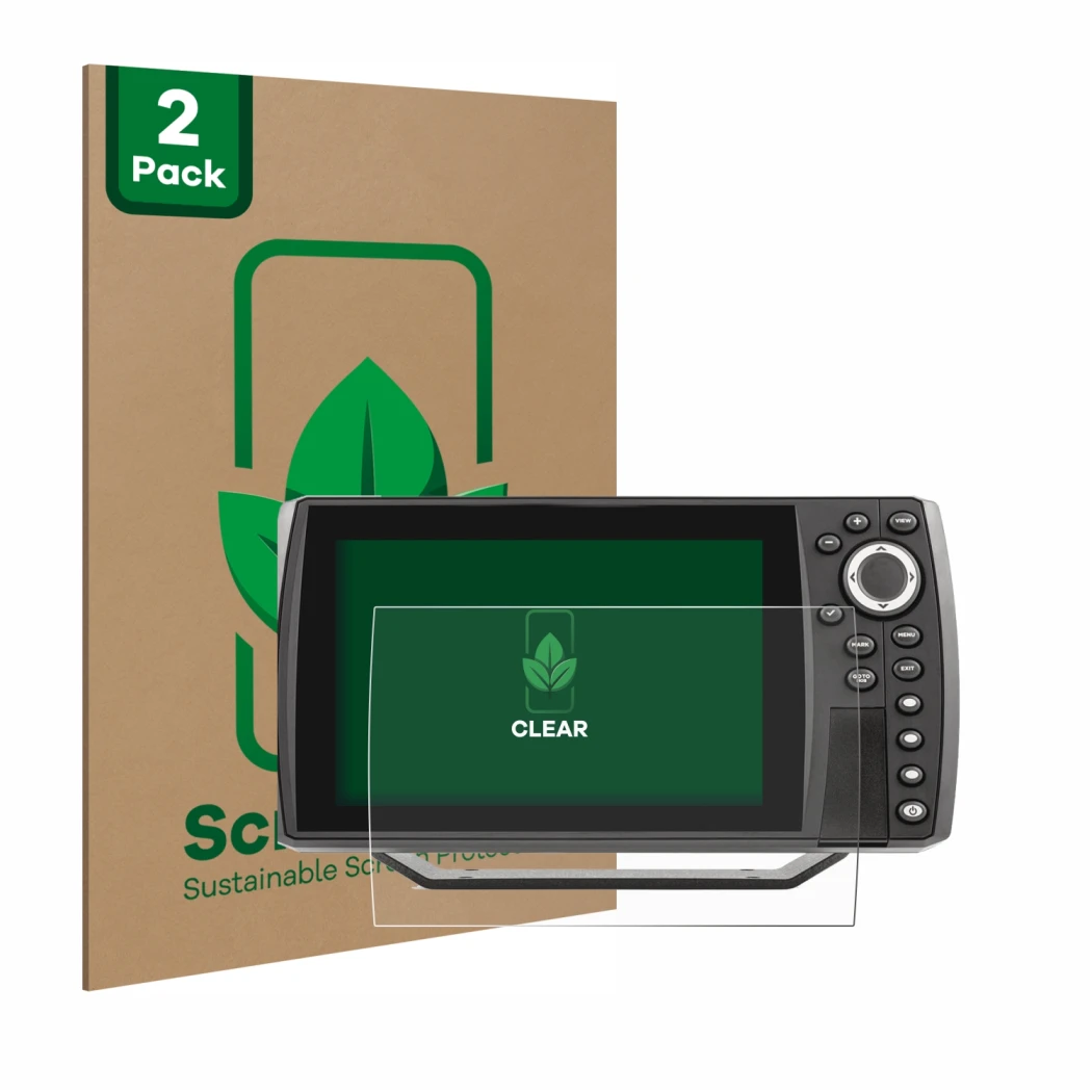 Face avant d’un emballage produit avec le logo de la marque ScreenLeaf. À côté, l’appareil Humminbird Helix 7 est représenté a