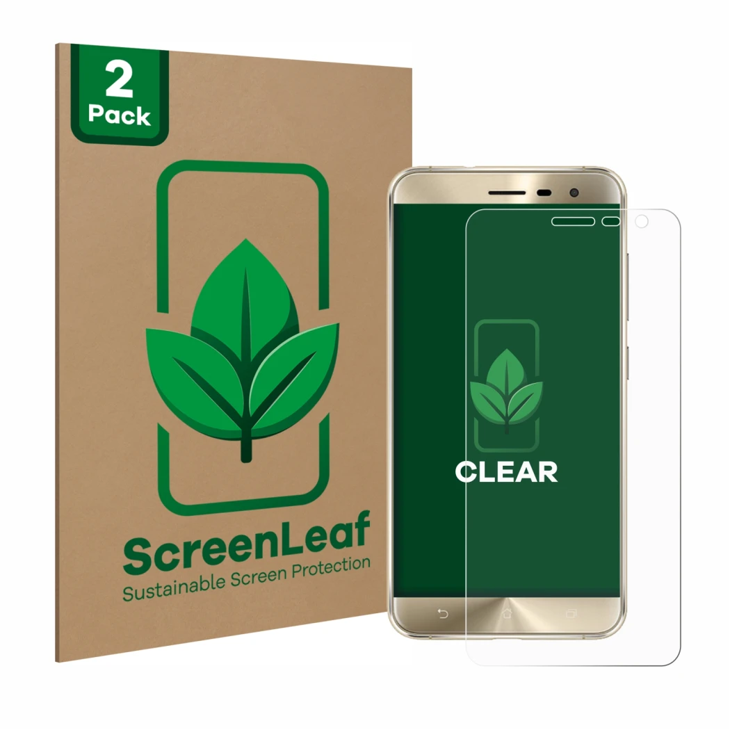 Face avant d’un emballage produit avec le logo de la marque ScreenLeaf. À côté, l’appareil ASUS ZenFone 3 ZE552KL est représen