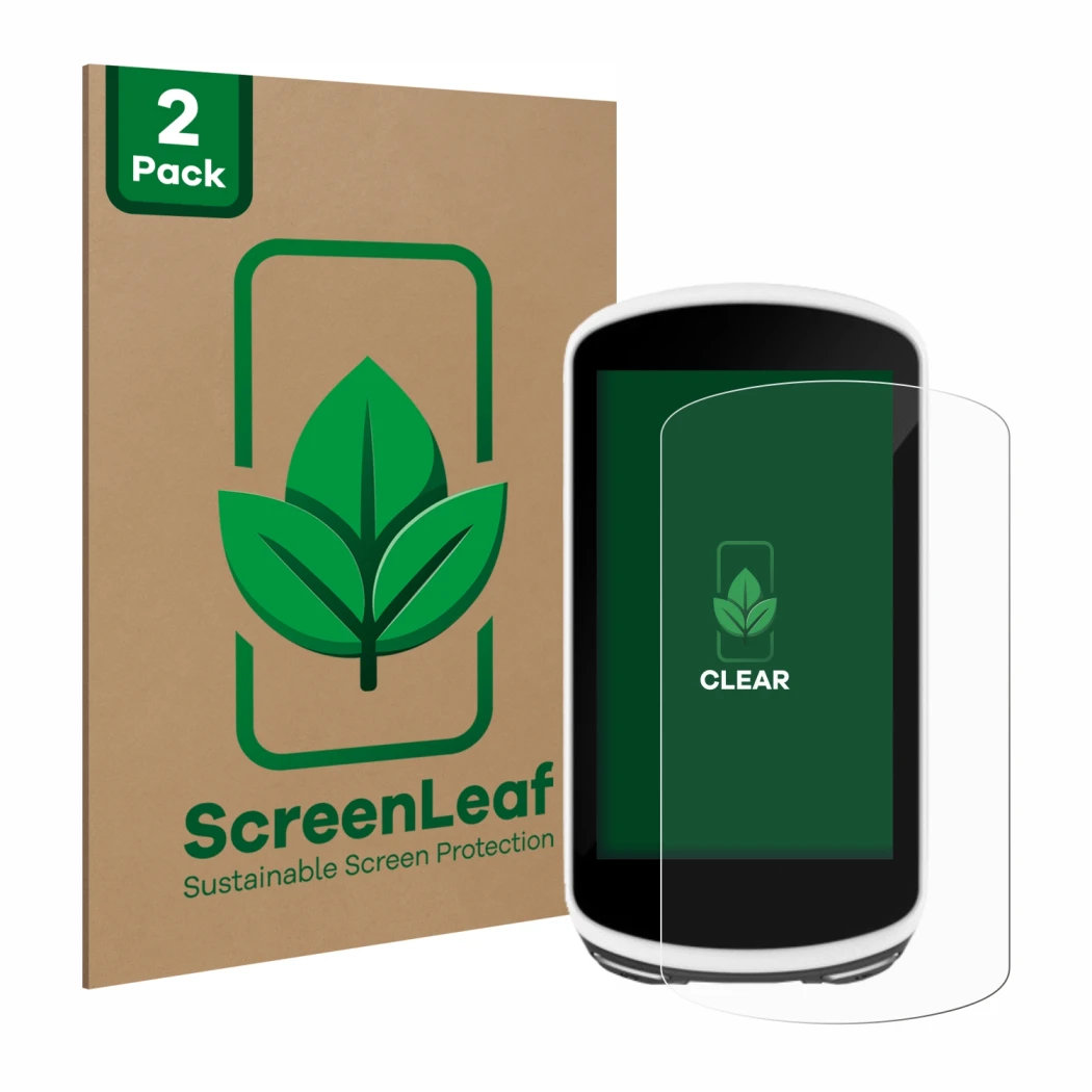 Face avant d’un emballage produit avec le logo de la marque ScreenLeaf. À côté, l’appareil Garmin Edge 1030 est représenté ave