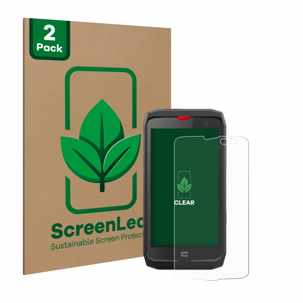 Face avant d’un emballage produit avec le logo de la marque ScreenLeaf. À côté, l’appareil Crosscall Action X3 est représenté 