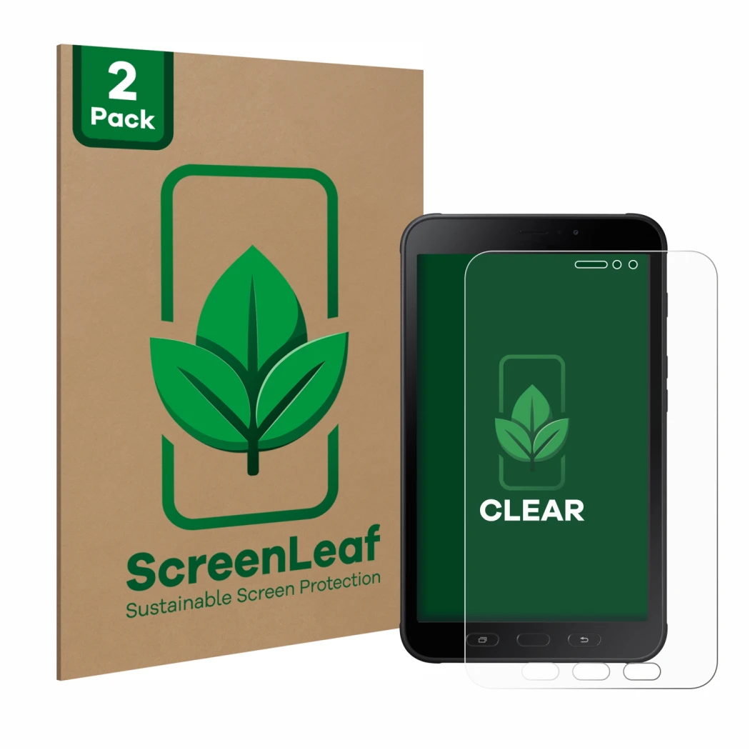Face avant d’un emballage produit avec le logo de la marque ScreenLeaf. À côté, l’appareil Samsung Galaxy Tab Active 2 est rep