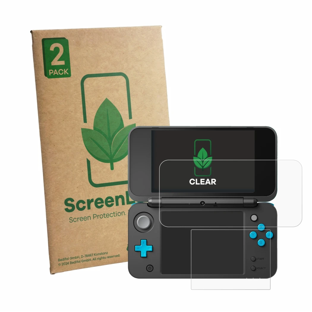 Face avant d’un emballage produit avec le logo de la marque ScreenLeaf. À côté, l’appareil New Nintendo 2DS XL est représenté 