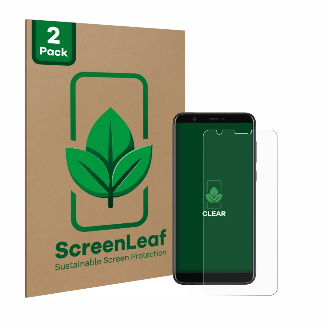 Face avant d’un emballage produit avec le logo de la marque ScreenLeaf. À côté, l’appareil Huawei P smart 2018 est représenté 