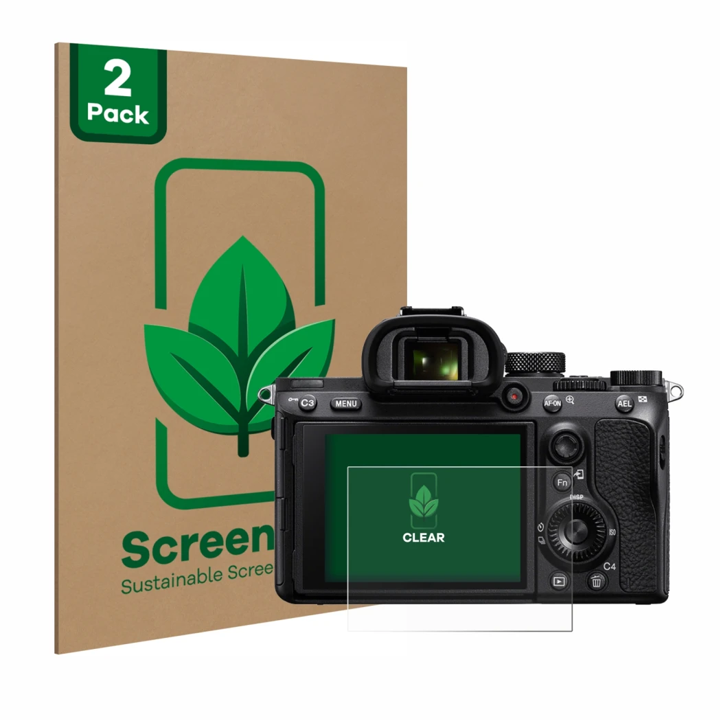Face avant d’un emballage produit avec le logo de la marque ScreenLeaf. À côté, l’appareil Sony Alpha 7 III (ILCE-7M3) est rep