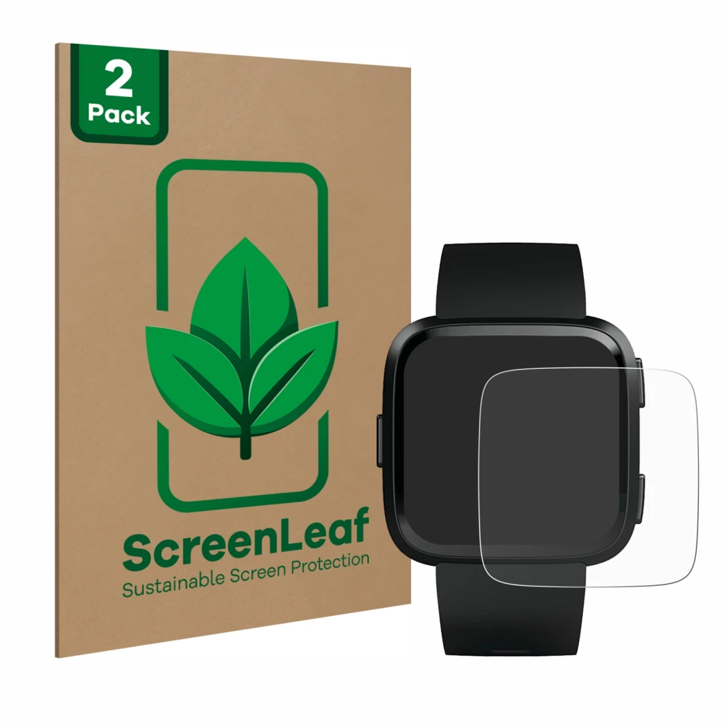 Face avant d’un emballage produit avec le logo de la marque ScreenLeaf. À côté, l’appareil Fitbit Versa est représenté avec la
