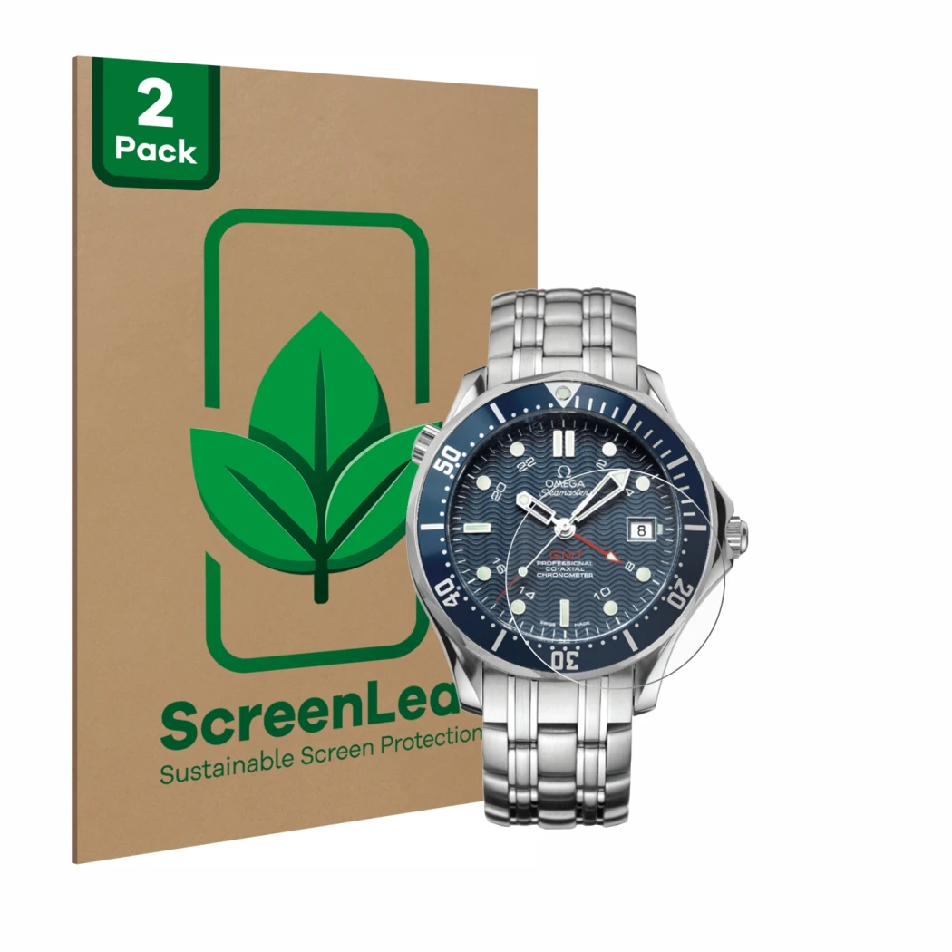 Face avant d’un emballage produit avec le logo de la marque ScreenLeaf. À côté, l’appareil Omega Seamaster Diver (41 mm) est r