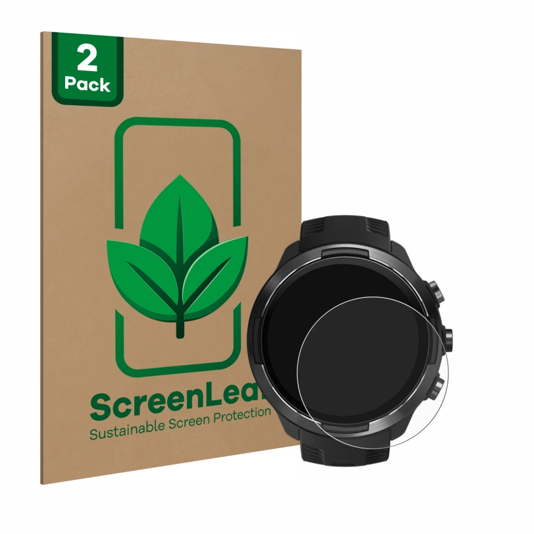 Face avant d’un emballage produit avec le logo de la marque ScreenLeaf. À côté, l’appareil Suunto 9 est représenté avec la pro