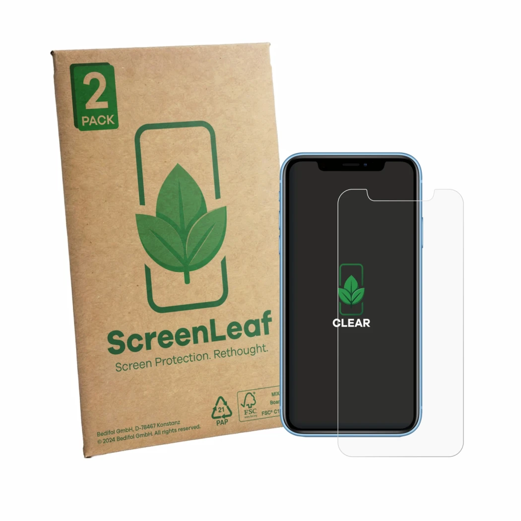 Face avant d’un emballage produit avec le logo de la marque ScreenLeaf. À côté, l’appareil Apple iPhone XR est représenté avec