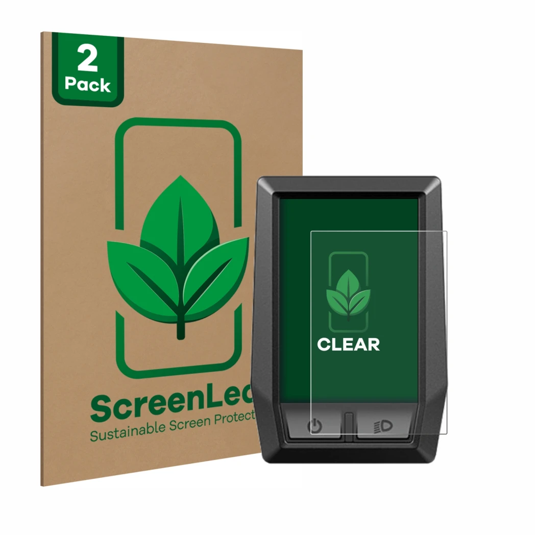 Face avant d’un emballage produit avec le logo de la marque ScreenLeaf. À côté, l’appareil Bosch Kiox est représenté avec la p