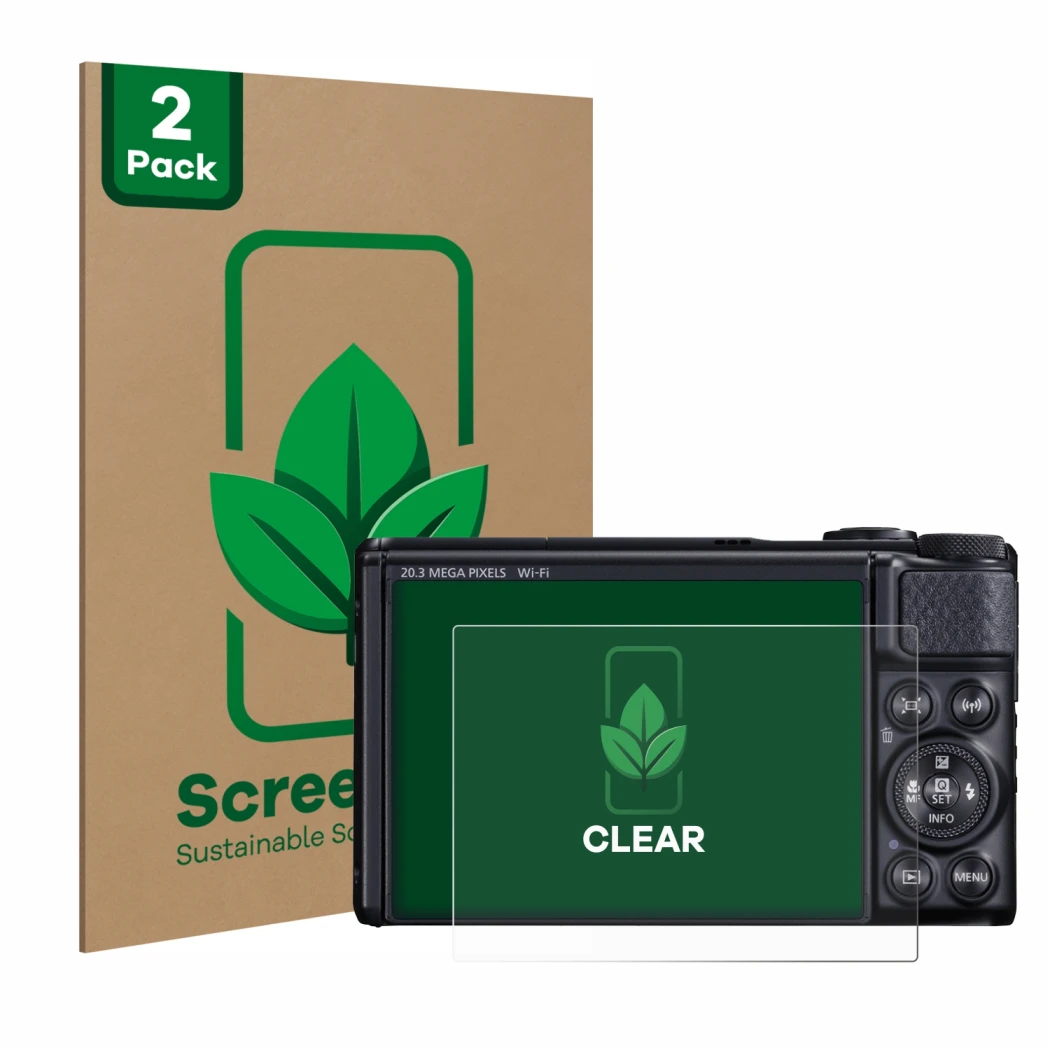 Face avant d’un emballage produit avec le logo de la marque ScreenLeaf. À côté, l’appareil Canon PowerShot SX740 HS est représ