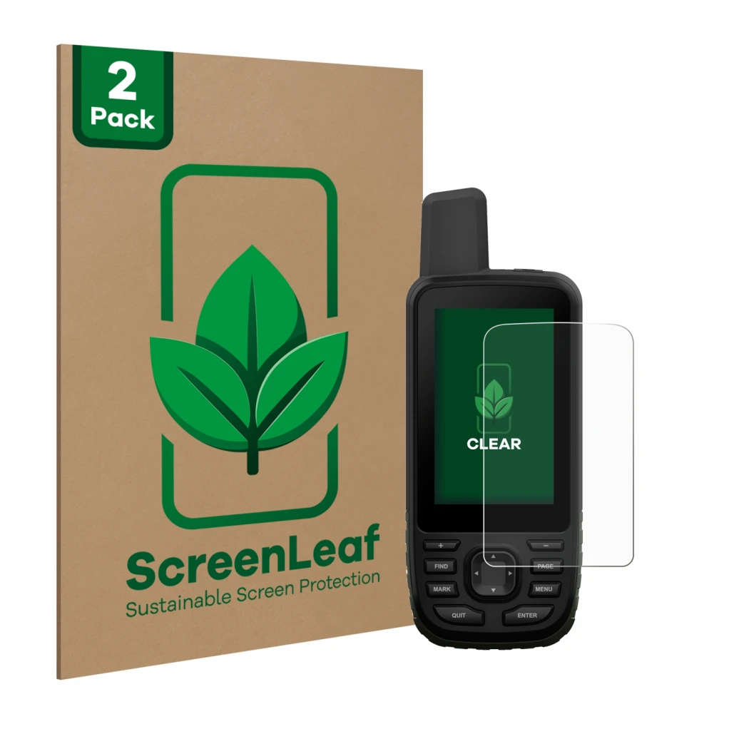 Face avant d’un emballage produit avec le logo de la marque ScreenLeaf. À côté, l’appareil Garmin GPSMAP 66s est représenté av