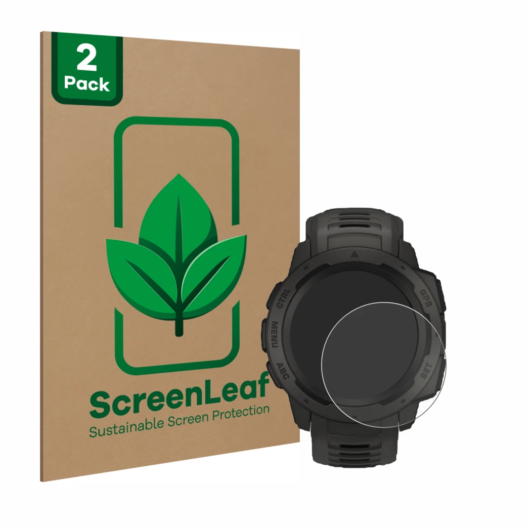 Face avant d’un emballage produit avec le logo de la marque ScreenLeaf. À côté, l’appareil Garmin Instinct est représenté avec