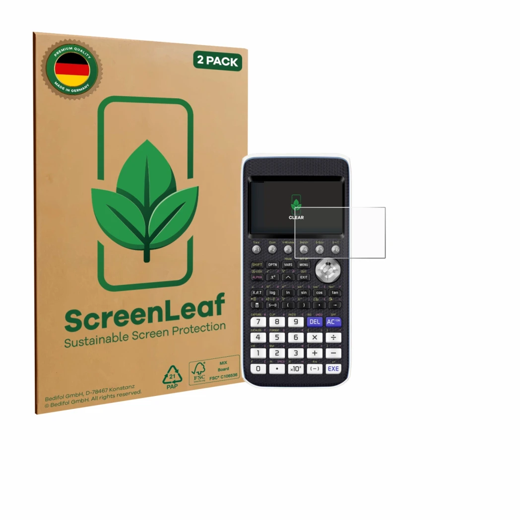 Face avant d’un emballage produit avec le logo de la marque ScreenLeaf. À côté, l’appareil Casio FX-CG50 est représenté avec l