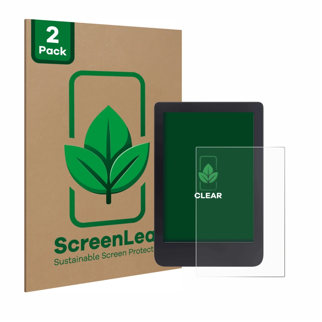 Face avant d’un emballage produit avec le logo de la marque ScreenLeaf. À côté, l’appareil Tolino Shine 3 est représenté avec 