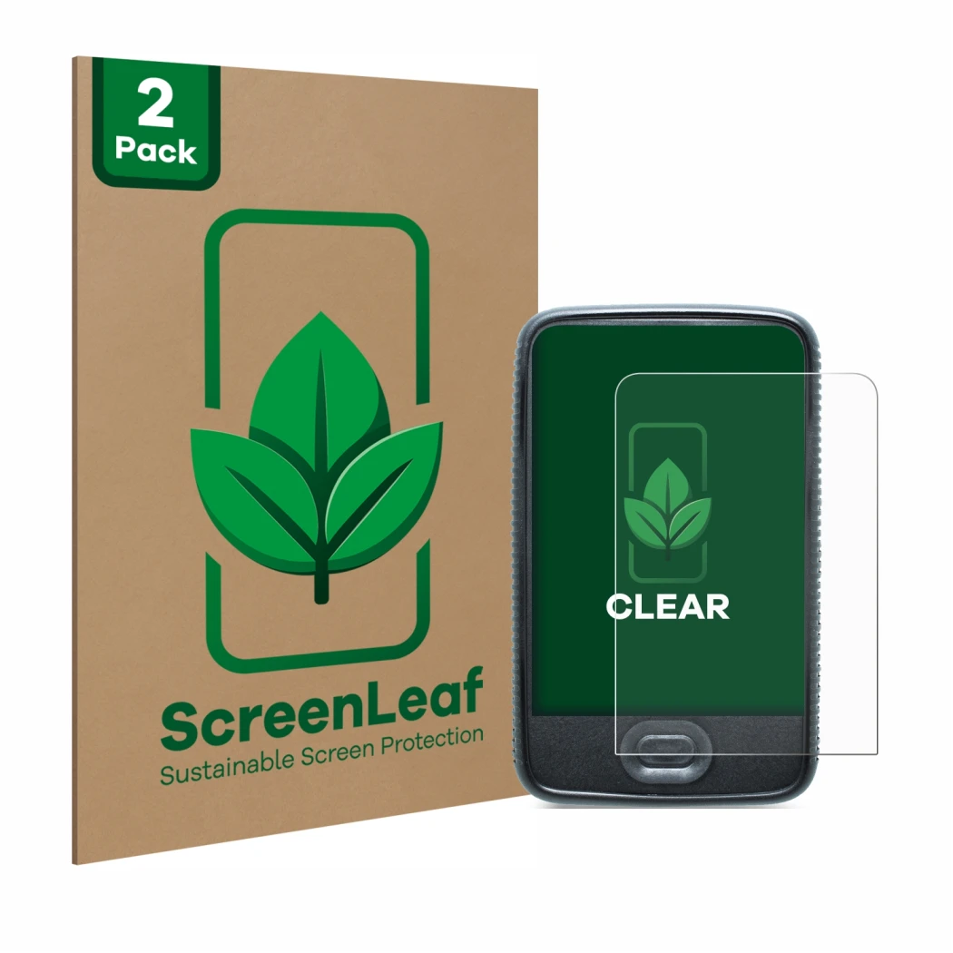 Face avant d’un emballage produit avec le logo de la marque ScreenLeaf. À côté, l’appareil Dexcom G6 Receiver CGM est représen