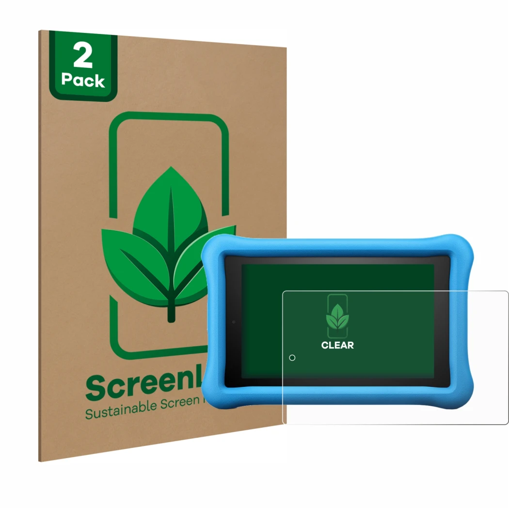 Face avant d’un emballage produit avec le logo de la marque ScreenLeaf. À côté, l’appareil Amazon Fire HD 8 Kids Edition 2018 