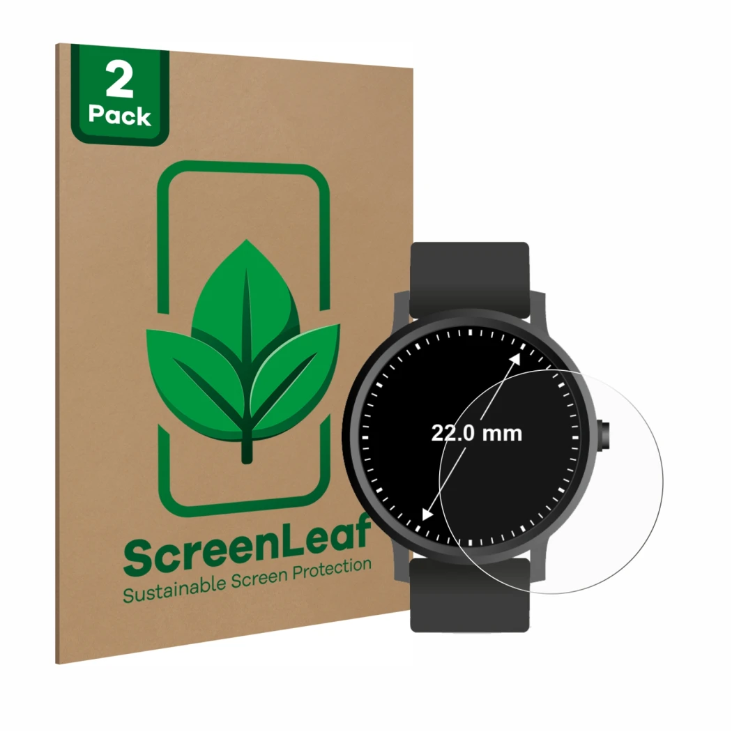 Face avant d’un emballage produit avec le logo de la marque ScreenLeaf. À côté, l’appareil Circulaire Displays (ø: 22 mm) est 