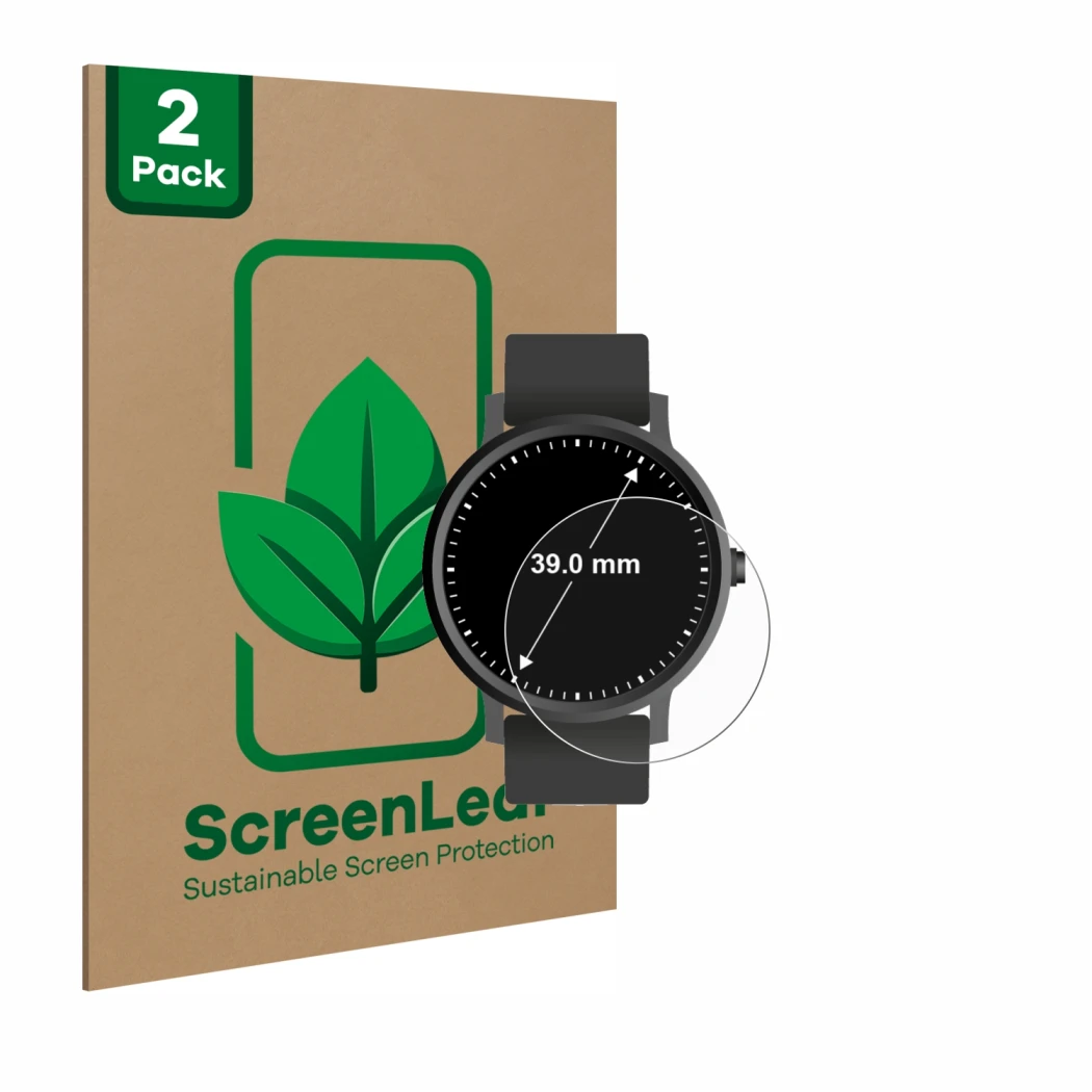 Face avant d’un emballage produit avec le logo de la marque ScreenLeaf. À côté, l’appareil Circulaire Displays (ø: 39 mm) est 