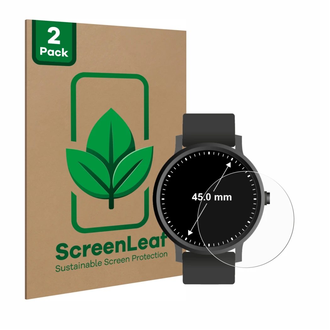 Face avant d’un emballage produit avec le logo de la marque ScreenLeaf. À côté, l’appareil Circulaire Displays (ø: 45 mm) est 