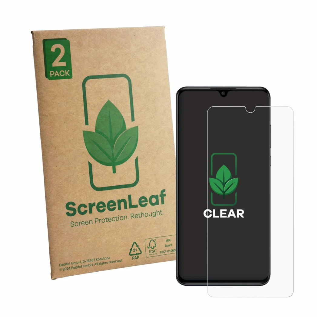 Face avant d’un emballage produit avec le logo de la marque ScreenLeaf. À côté, l’appareil Huawei P30 lite est représenté avec