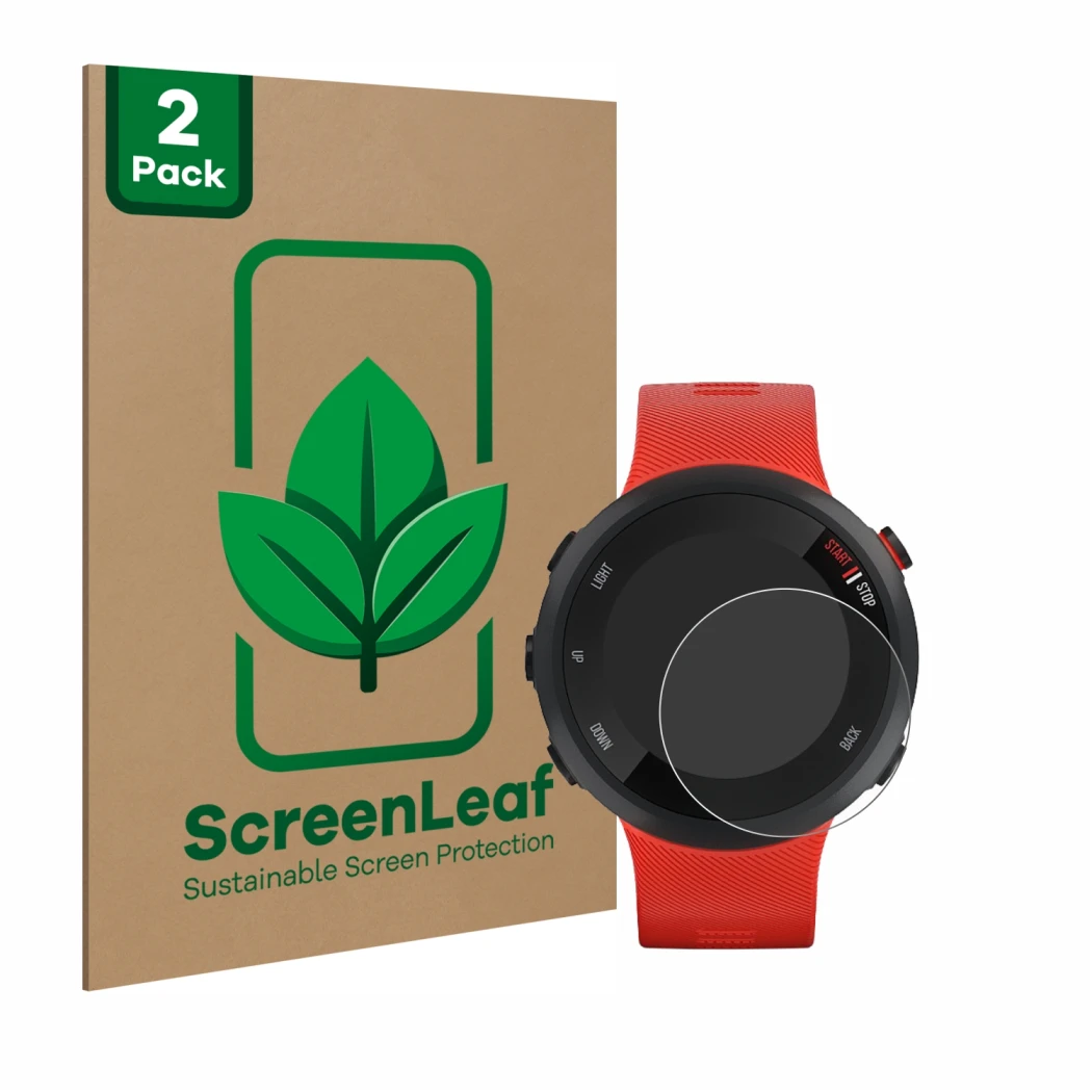 Face avant d’un emballage produit avec le logo de la marque ScreenLeaf. À côté, l’appareil Garmin Forerunner 45 est représenté