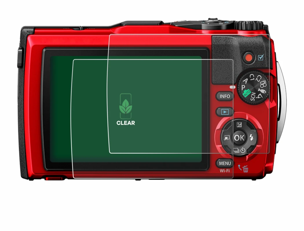 Image de l'appareil Olympus Tough TG-6 avec une grande variété de protections d'écran.
