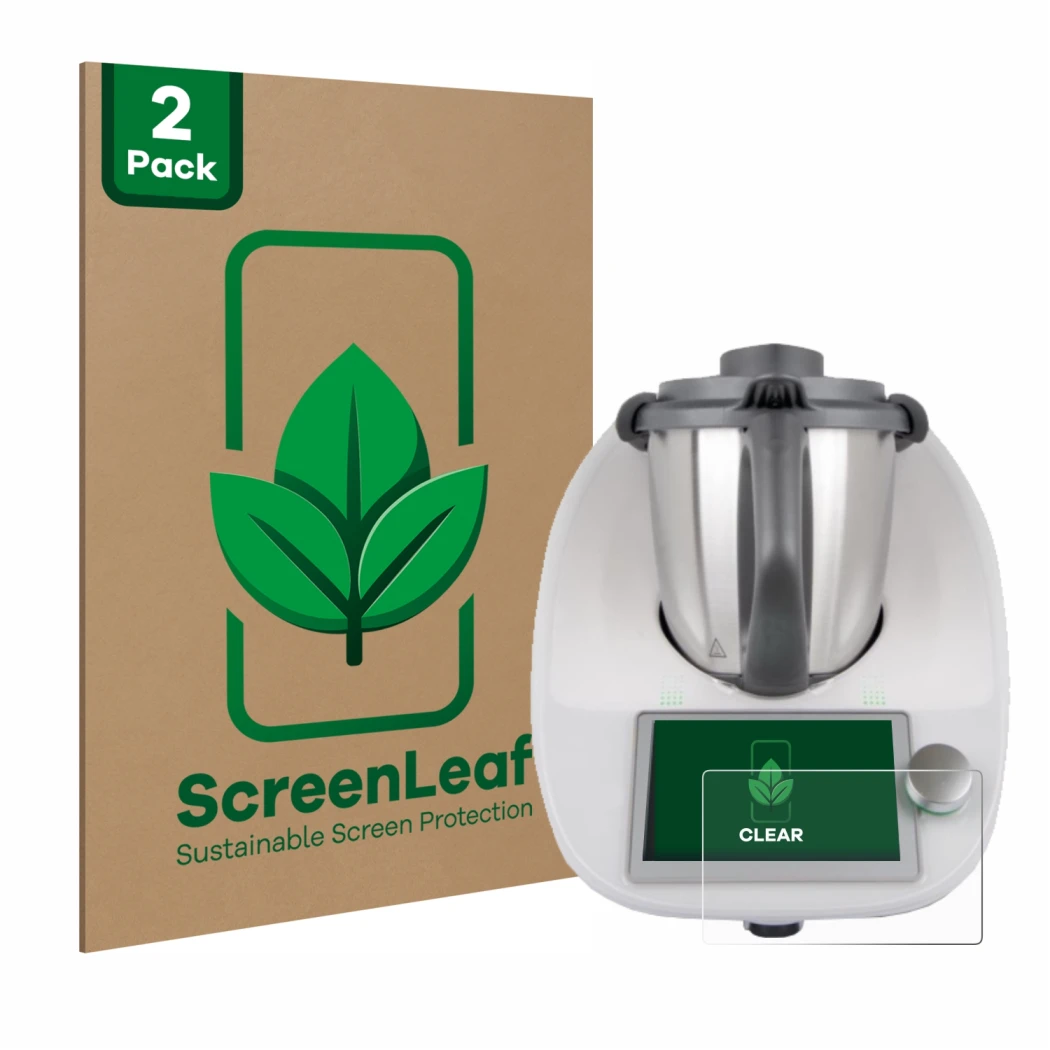 Face avant d’un emballage produit avec le logo de la marque ScreenLeaf. À côté, l’appareil Vorwerk Bimby TM6 est représenté av