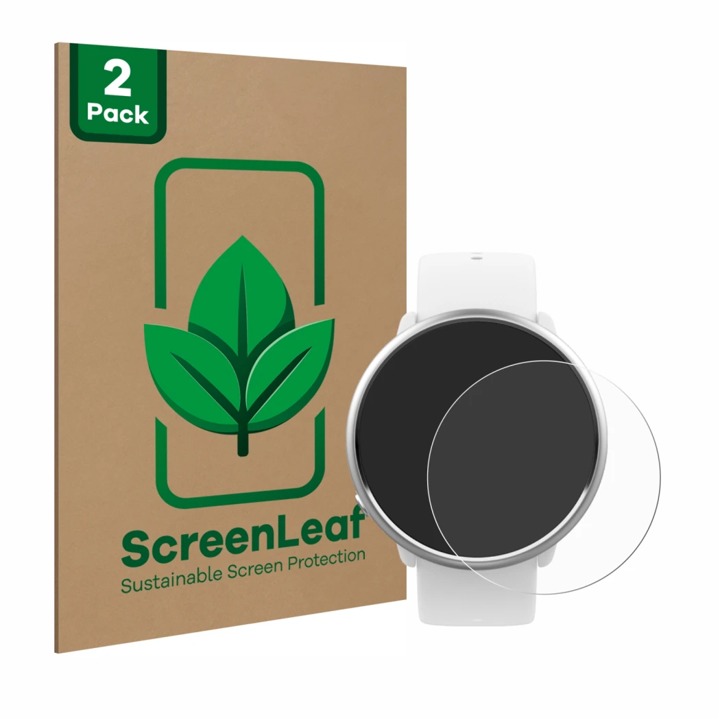 Face avant d’un emballage produit avec le logo de la marque ScreenLeaf. À côté, l’appareil Polar Ignite est représenté avec la