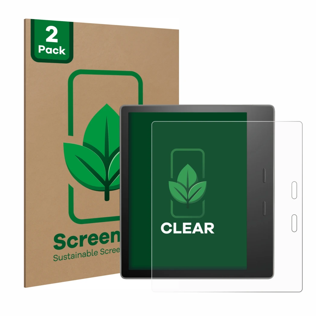Face avant d’un emballage produit avec le logo de la marque ScreenLeaf. À côté, l’appareil Amazon Kindle Oasis 2019 (10ème Gen