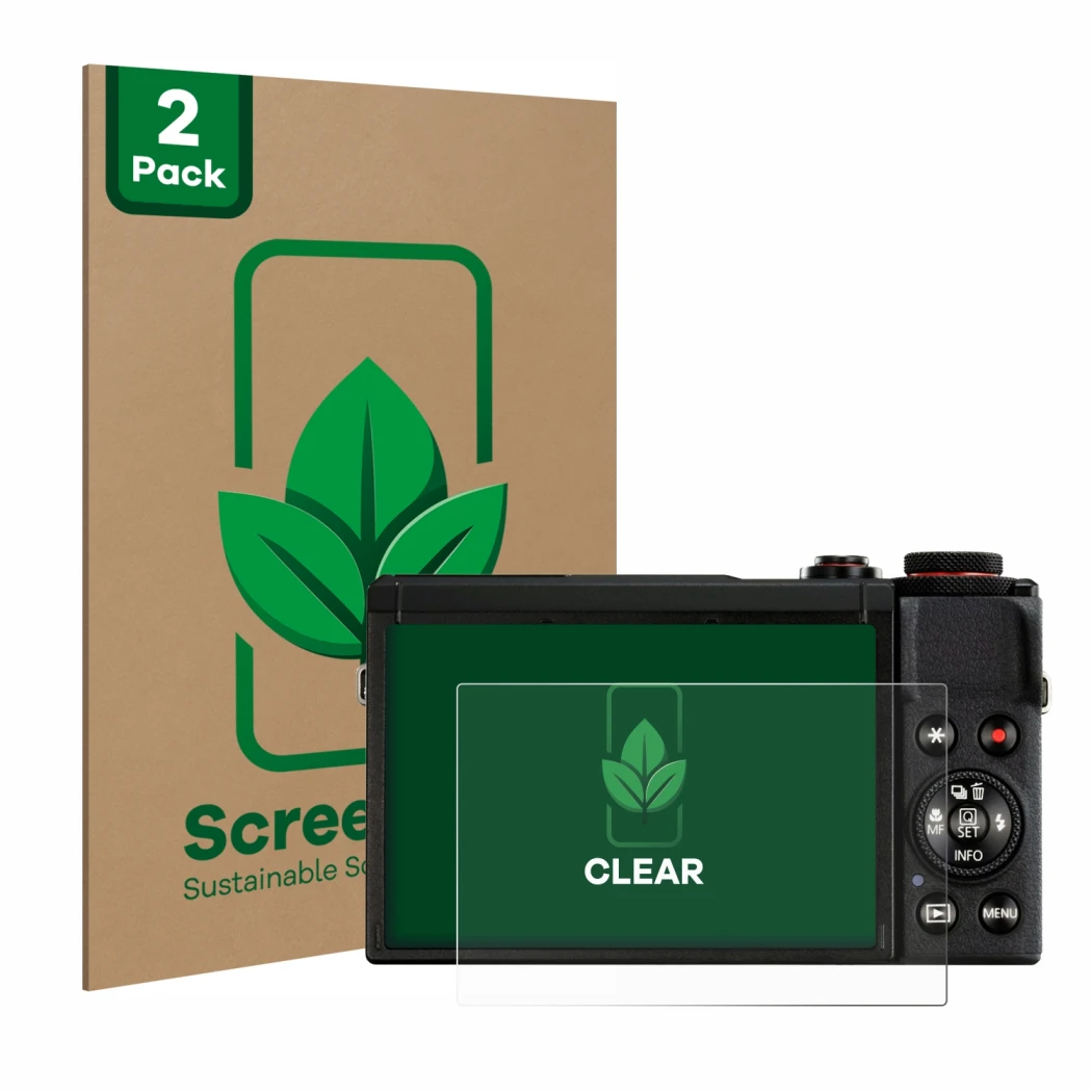 Face avant d’un emballage produit avec le logo de la marque ScreenLeaf. À côté, l’appareil Canon PowerShot G7 X Mark III est r