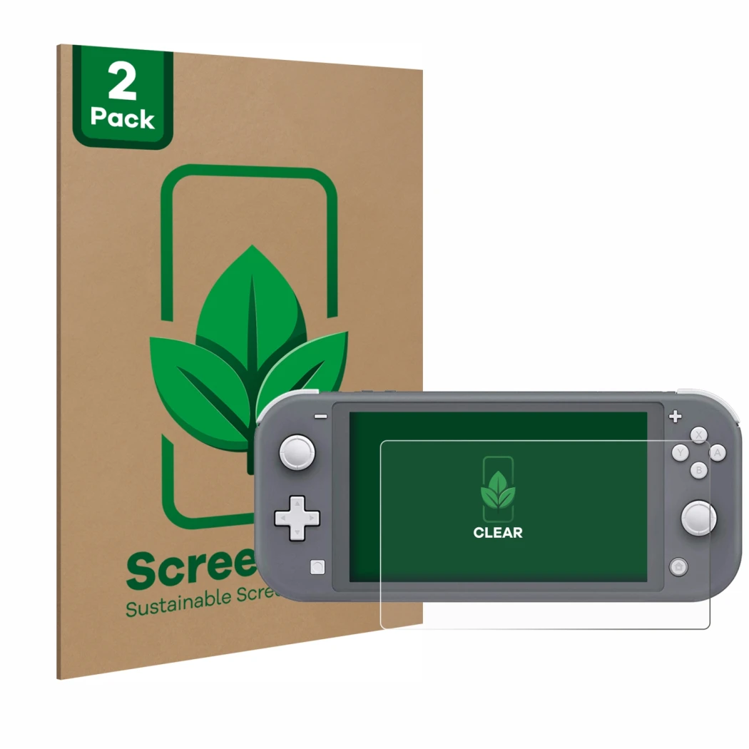 Face avant d’un emballage produit avec le logo de la marque ScreenLeaf. À côté, l’appareil Nintendo Switch Lite est représenté