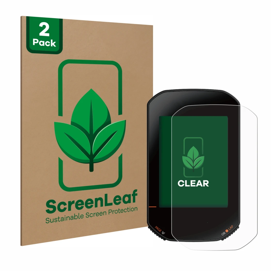 Face avant d’un emballage produit avec le logo de la marque ScreenLeaf. À côté, l’appareil Bryton Rider 420 est représenté ave
