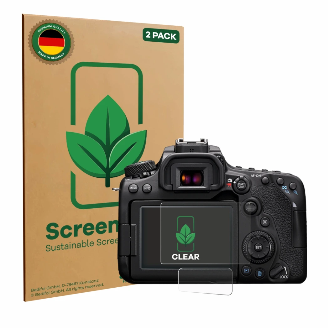 Face avant d’un emballage produit avec le logo de la marque ScreenLeaf. À côté, l’appareil Canon EOS 90D est représenté avec l